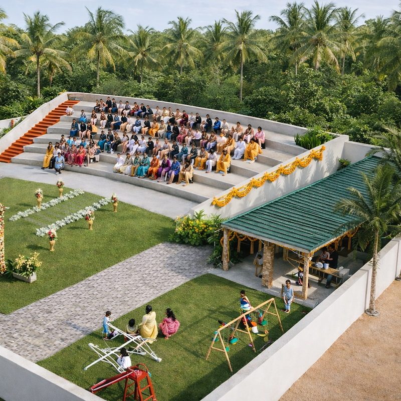 Natural open-air wedding setup surrounded by greenery creating a peaceful celebration space