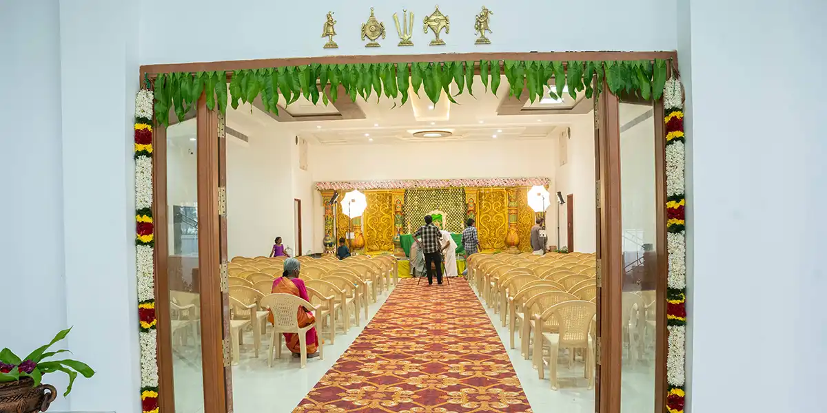 Executive banquet mahal featuring premium interiors, elegant lighting, and spacious seating for events