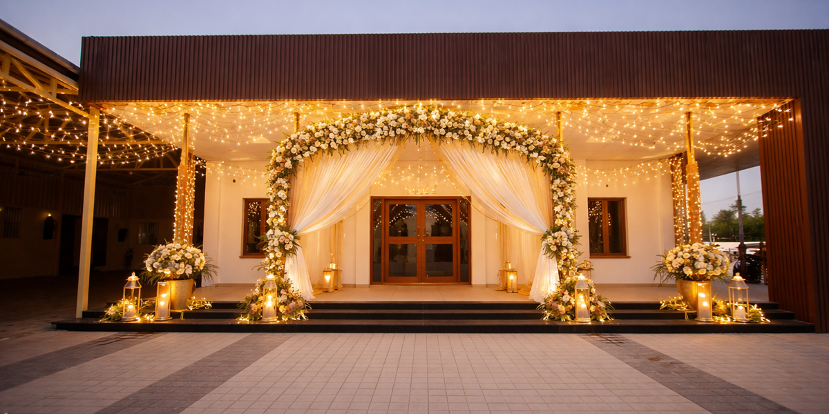 Front view of an elegant mahal showcasing architectural design, entrance layout, and welcoming ambience