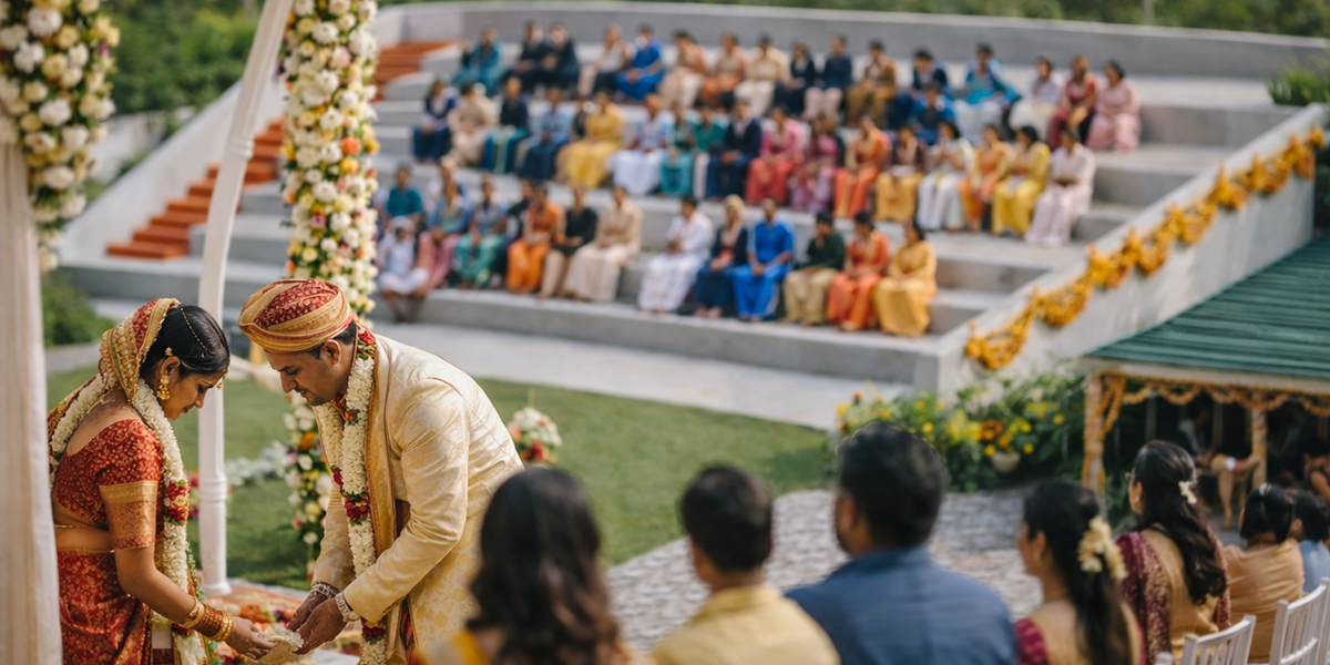 Outdoor wedding venue at Vaibhav Mahal with open-air amphitheater setup