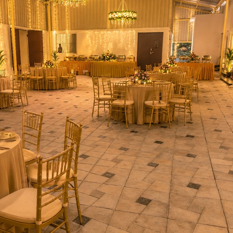 Spacious wedding dining area arranged for reception guests and family dining celebrations