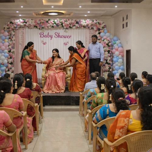 Beautiful baby shower function hall arranged with decorations, seating, and joyful family celebration setup