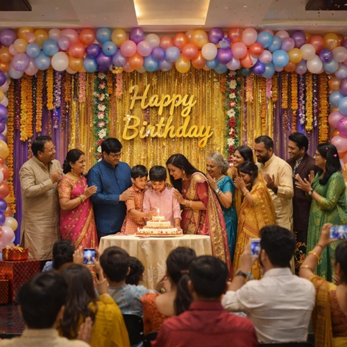 Grand birthday party hall arranged with decorations, seating, and joyful setup for kids and family celebrations