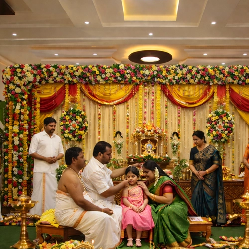 Traditional ear piercing function ceremony arranged with seating, rituals, and comfort for family gatherings