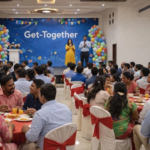 Office get together party hall suitable for team celebrations, meetings, and professional corporate gatherings