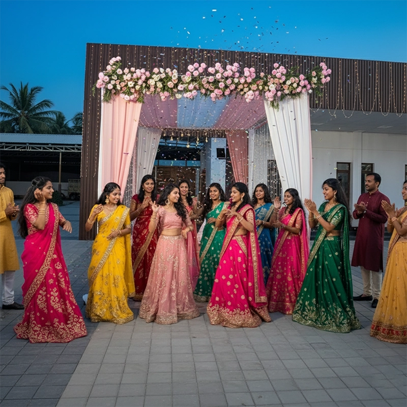 Outdoor open lawn sangeet venue decorated for wedding dance and music celebrations