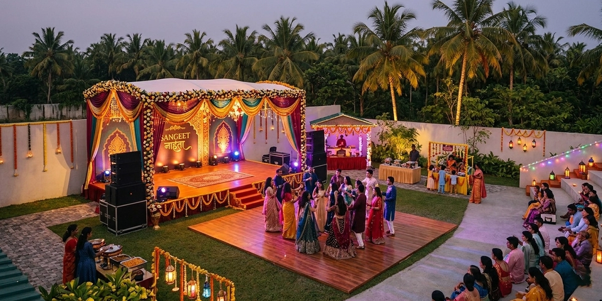 Spacious open lawn event space arranged for wedding reception and family celebrations in Coimbatore