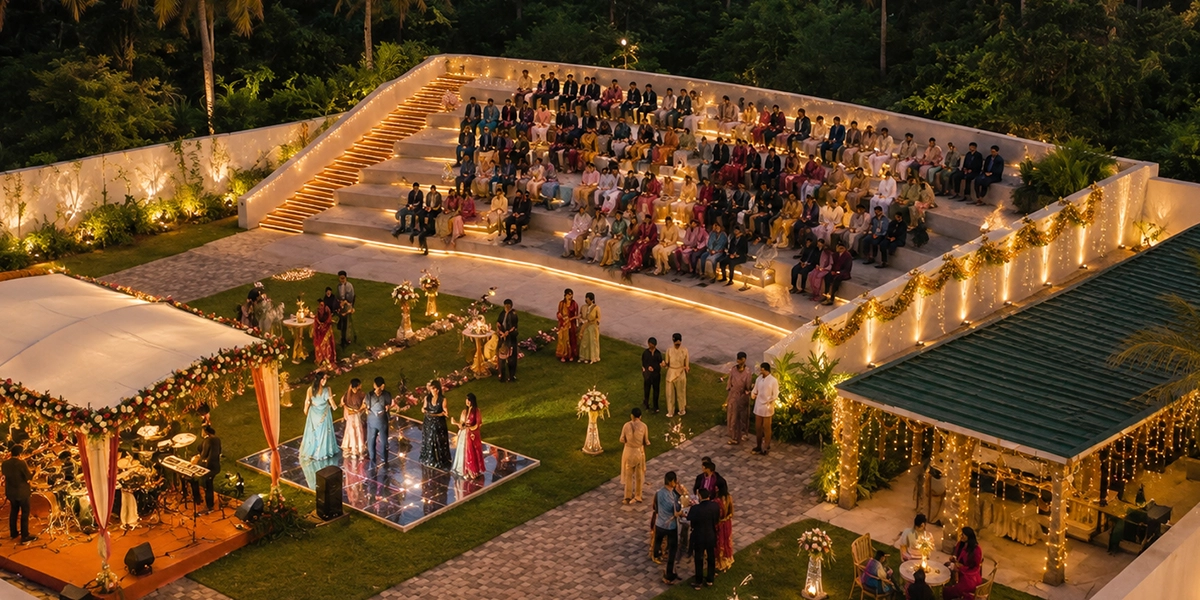 Beautiful outdoor sangeet lawn venue in Coimbatore decorated for music and dance celebrations