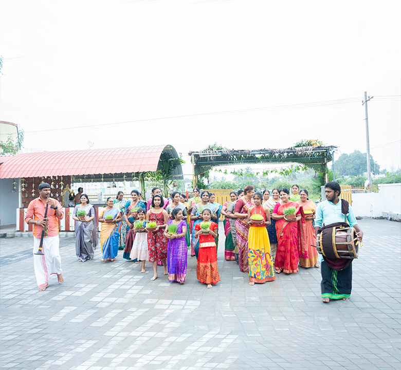 Traditional wedding procession with guests in colorful celebrating joyfully in a spacious event hall